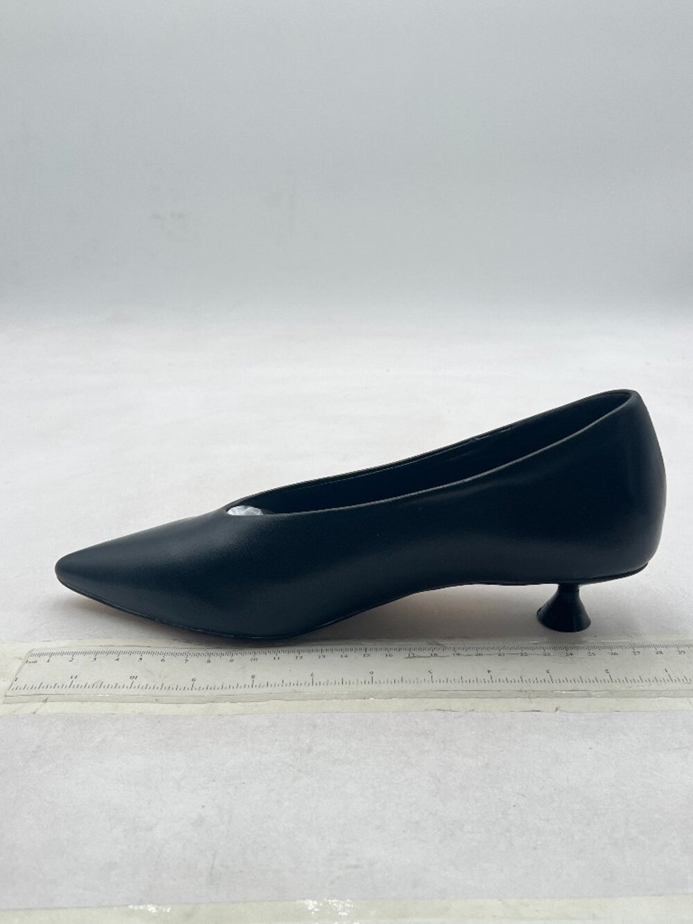 FSJ Black Pointed Toe V Cut Low Kitten Heel Slip On Pumps Soft Leather Shoes